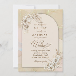Invitación de boda con arco floral boho blanco mod