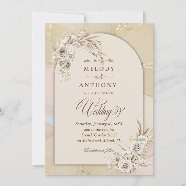 Invitación de boda con arco floral boho blanco mod (Anverso)