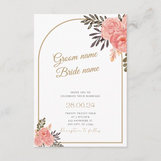 Invitación de boda con arco floral boho dorado (Anverso)