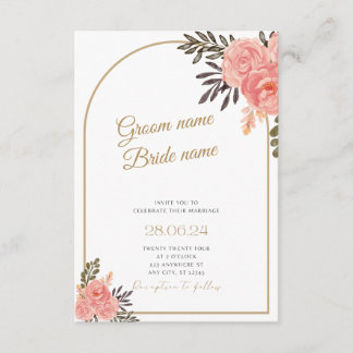Invitación de boda con arco floral boho dorado