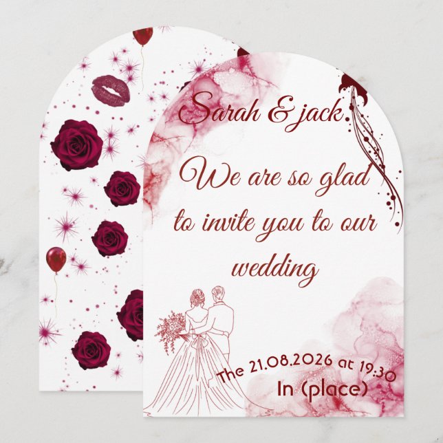 Invitación de boda con arco floral borgoña románti (Anverso / Reverso)