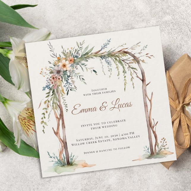 Invitación de boda con arco floral de acuarela rús (Subido por el creador)