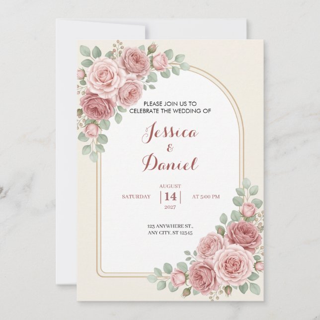Invitación de boda con arco floral romántico de ro (Anverso)
