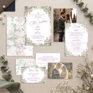 Invitación de boda con arco floral rosa polvorient