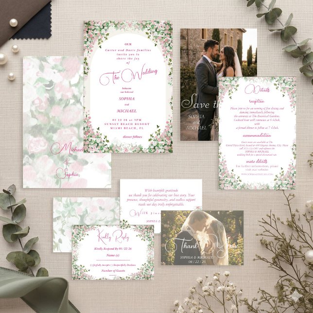 Invitación de boda con arco floral rosa polvorient (Subido por el creador)