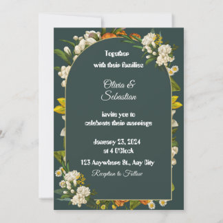 Invitación de boda con arco floral verde oscuro