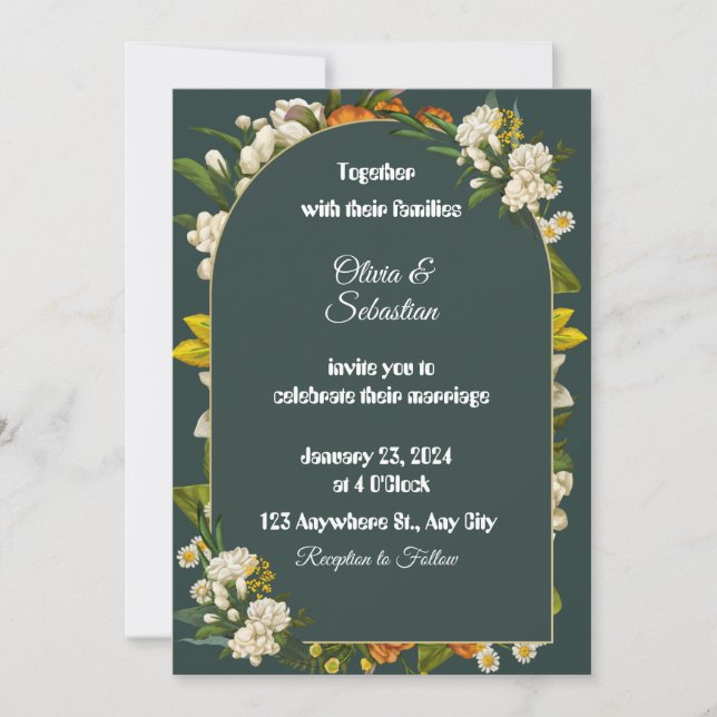 Invitación de boda con arco floral verde oscuro (Anverso)