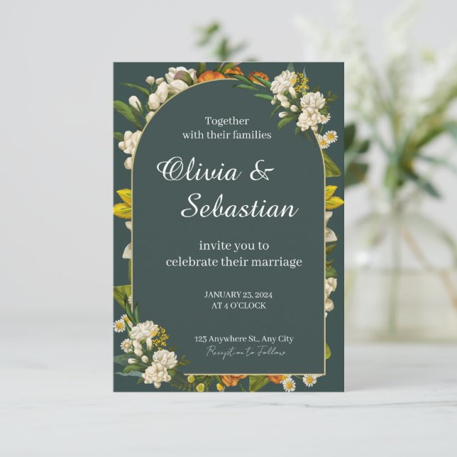 Invitación de Boda con Arco Floral Verde Oscuro Dr (Anverso de pie)