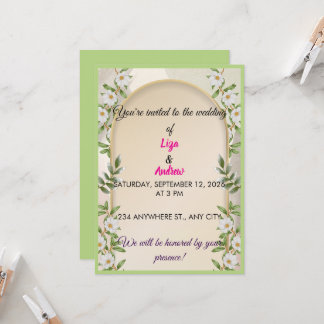Invitación de boda con arco floral verde salvia y