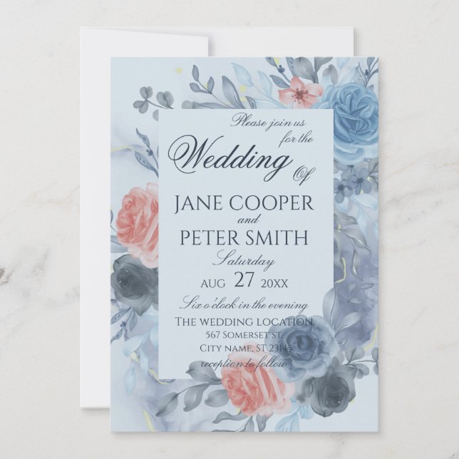 Invitación de boda con arreglo floral de rosas (Anverso)