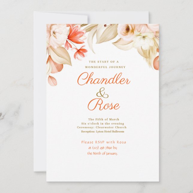 Invitación de Boda con Arreglo Floral Dorado (Anverso)