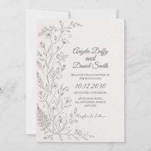Invitación de boda con arte de línea botánica mini