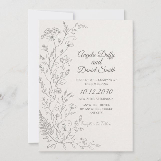 Invitación de boda con arte de línea botánica mini (Anverso)
