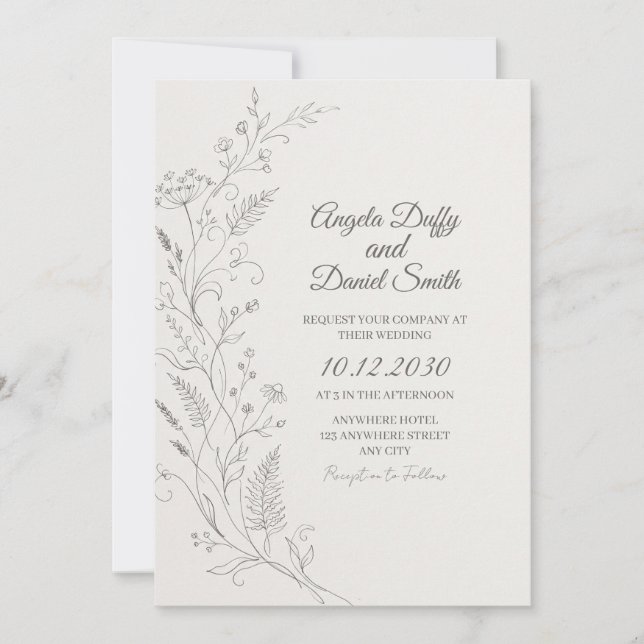 Invitación de boda con arte de línea de flor silve (Anverso)