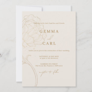 Invitación de boda con arte de línea de peonía dor