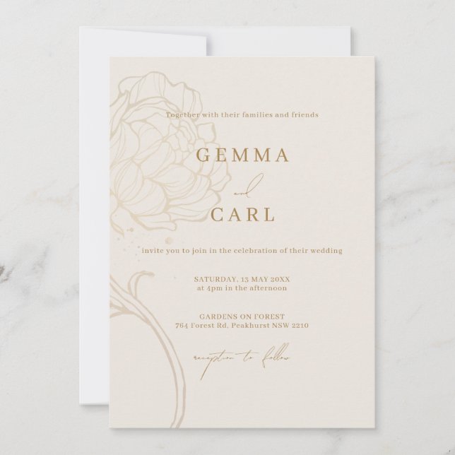 Invitación de boda con arte de línea de peonía dor (Anverso)