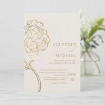 Invitación de boda con arte de línea de peonía dor