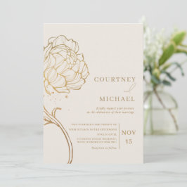Invitación de boda con arte de línea de peonía dor