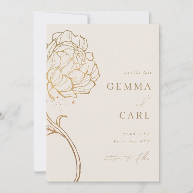 Invitación de boda con arte de línea de peonía dor (Anverso)