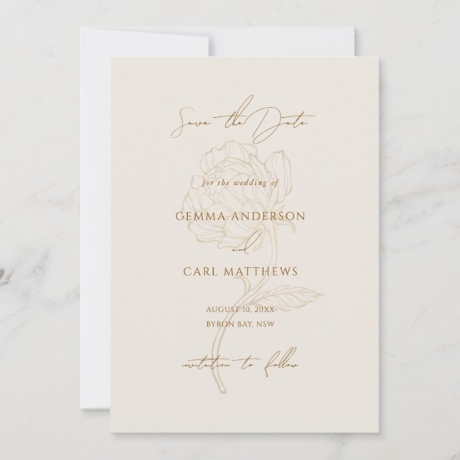 Invitación de boda con arte de línea de peonía dor (Anverso)