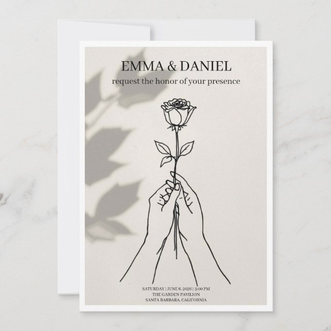 Invitación de boda con arte de línea de rosa minim (Anverso)