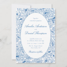 Invitación de boda con arte de línea floral azul
