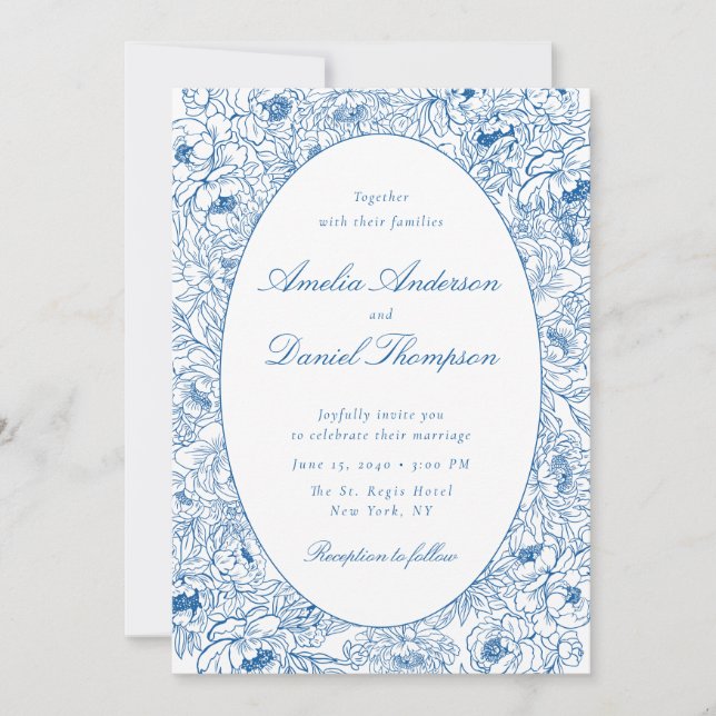 Invitación de boda con arte de línea floral azul (Anverso)