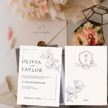Invitación de boda con arte de línea floral minima