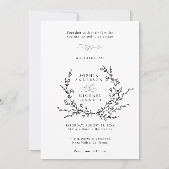 Invitación de Boda con Arte de Línea Floral Minima (Anverso)