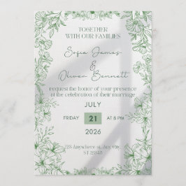 Invitación de boda con arte de línea floral verde