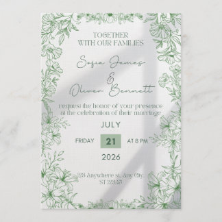Invitación de boda con arte de línea floral verde