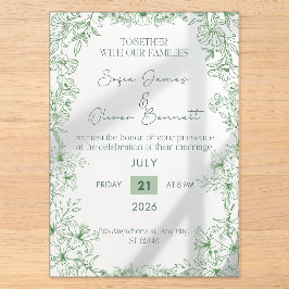 Invitación de boda con arte de línea floral verde