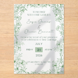 Invitación de boda con arte de línea floral verde
