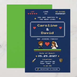 Invitación de boda con arte de píxeles de videojue