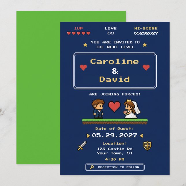 Invitación de boda con arte de píxeles de videojue (Anverso / Reverso)