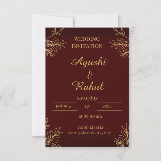 Invitación de boda con aspecto de lámina dorada Bu (Anverso)