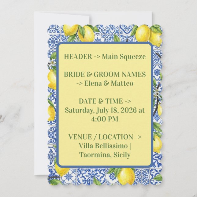Invitación de boda con azulejo siciliano y limón (Anverso)