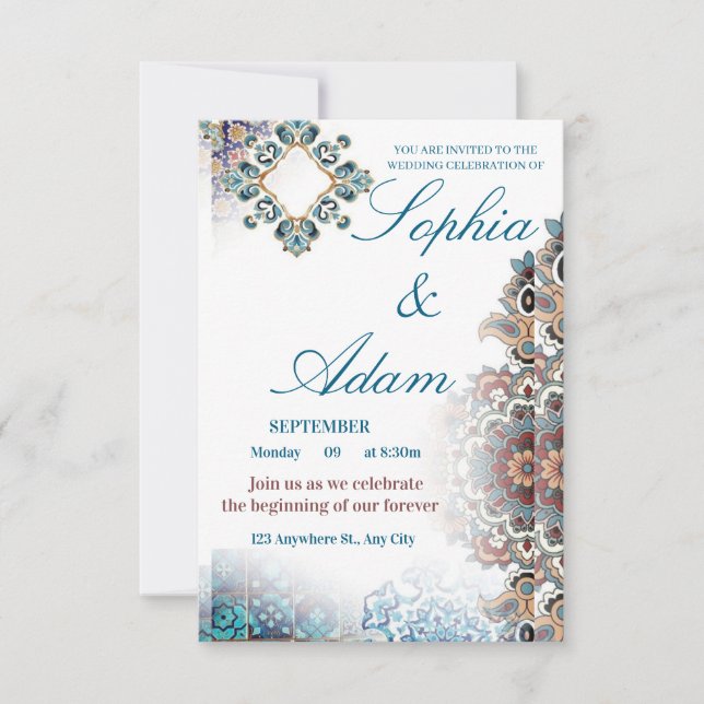 Invitación de boda con azulejos marroquíes elegant (Anverso)