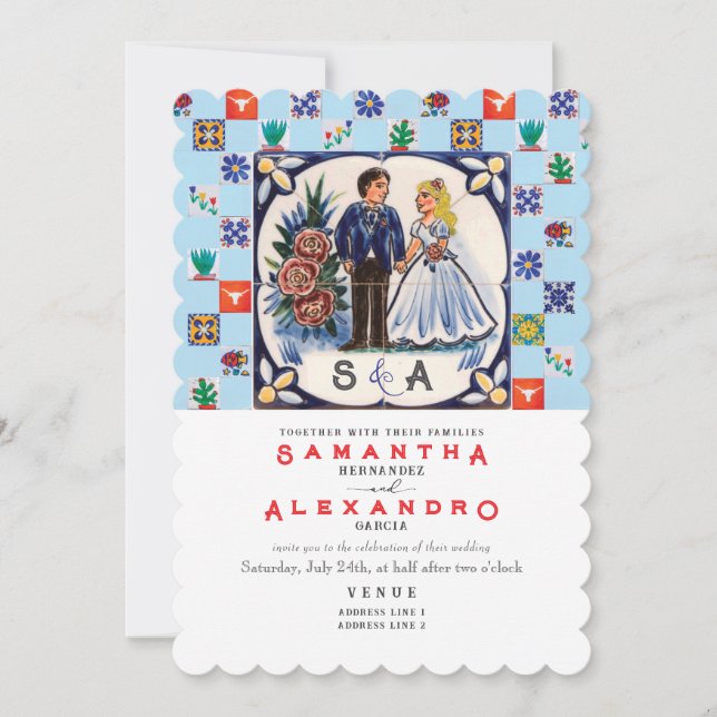 Invitación de boda con azulejos mexicanos únicos d (Anverso)