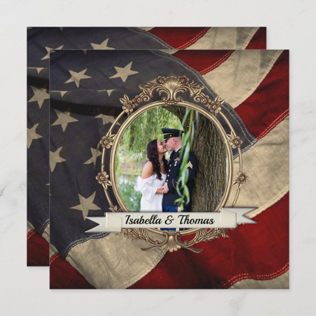 Invitación de Boda con Bandera Americana y Fotogra (Anverso / Reverso)