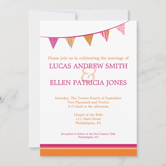 Invitación de Boda con Banderas de Fiesta - Rosa y (Anverso)