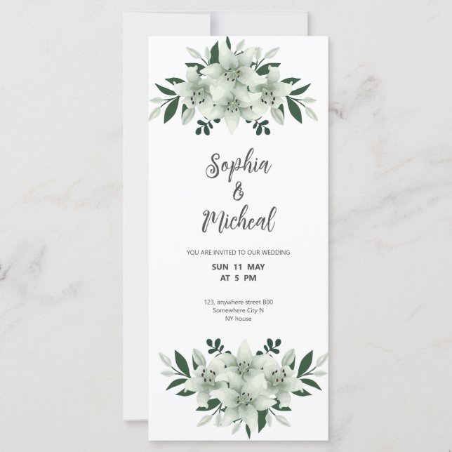 invitación de boda con blancos polvorientos y vege (Anverso)