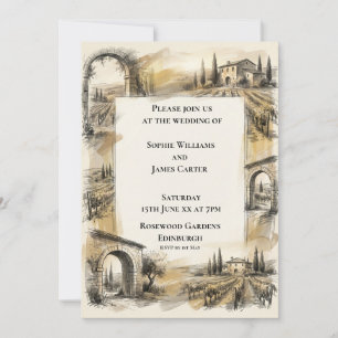 Invitación de boda con boceto de arco de tierras a