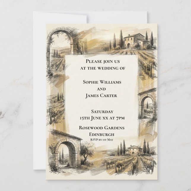 Invitación de boda con boceto de arco de tierras a (Anverso)