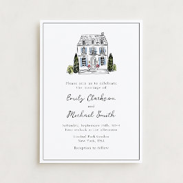 Invitación de boda con boceto de lugar en acuarela