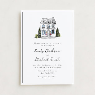 Invitación de boda con boceto de lugar en acuarela