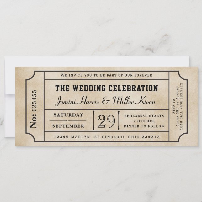 Invitación de Boda con Boleto Antiguo (Anverso)