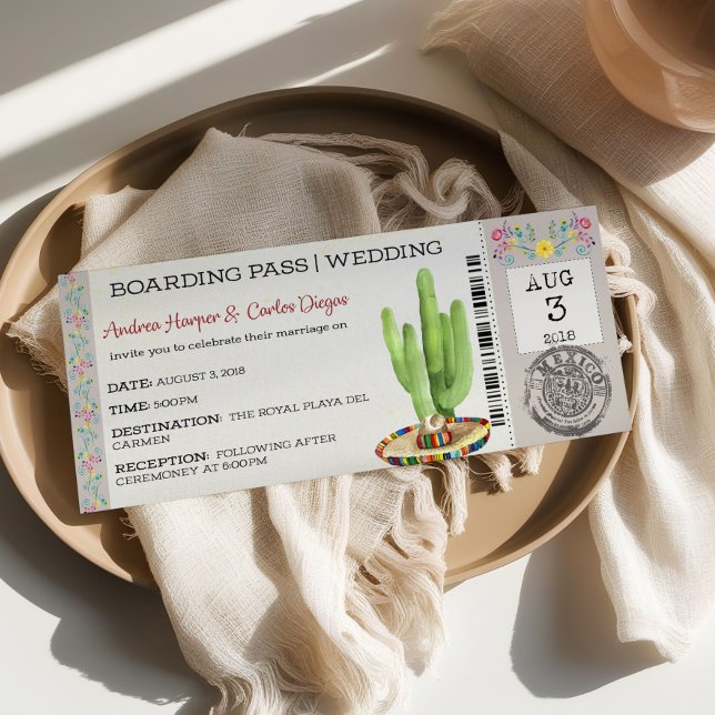 Invitación de boda con boleto de abordaje mexicano (Subido por el creador)