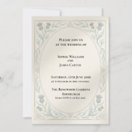 Invitación de boda con borde botánico gris azul