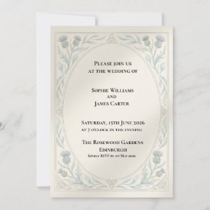 Invitación de boda con borde botánico gris azul